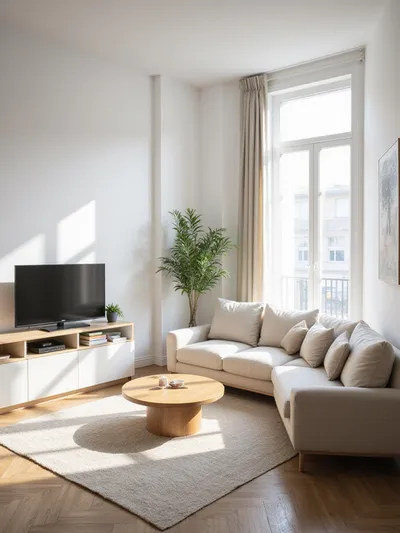 Clean and spacious apartment living room with minimalist decor and hidden storage solutions.