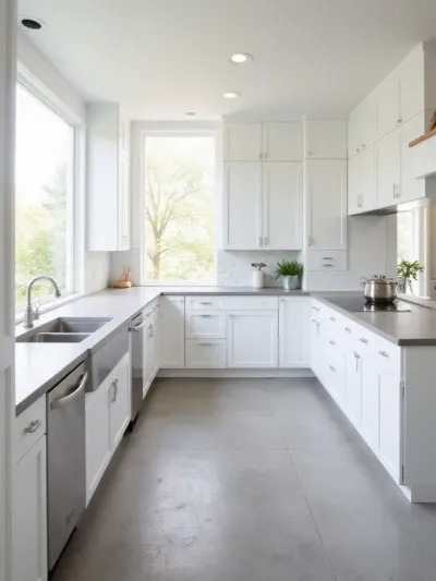 Modern kitchen with white cabinets and honed concrete countertops
