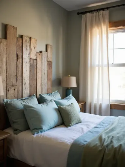 Vintage bedroom with a DIY headboard made from reclaimed wood planks.