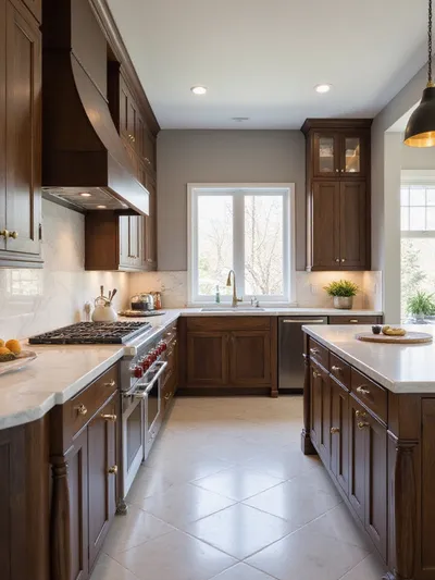 Luxury kitchen with dark walnut cabinets, white marble countertops, and brushed brass hardware.
