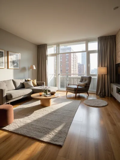 Apartment living room with rugs defining seating and reading areas.