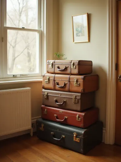 Vintage suitcases stacked as bedside table in vintage bedroom