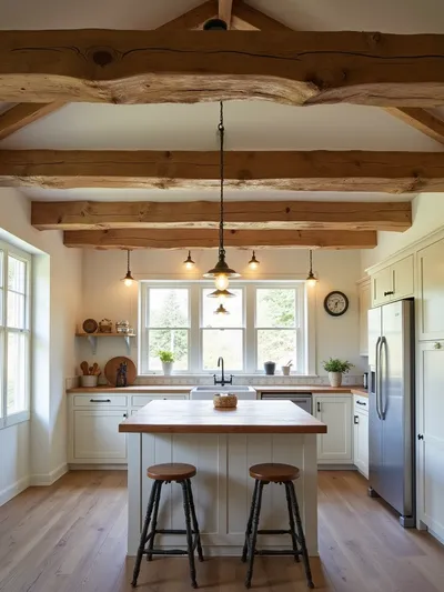 Rustic kitchen with exposed wooden beams and farmhouse island