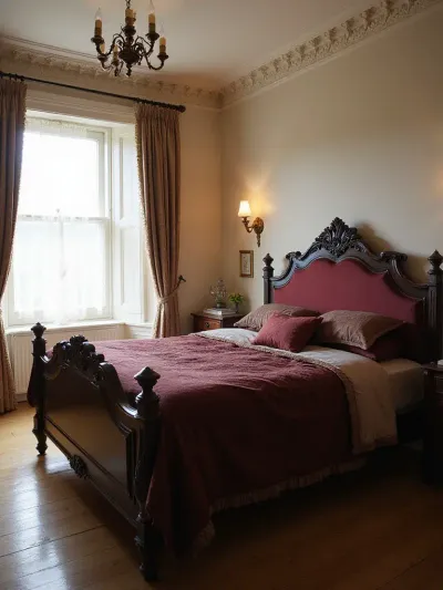 Victorian-inspired bedroom with a dark wood bed frame and velvet upholstered headboard.