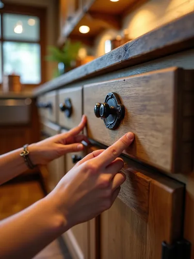 Rustic kitchen cabinets with wrought iron hardware pulls and knobs
