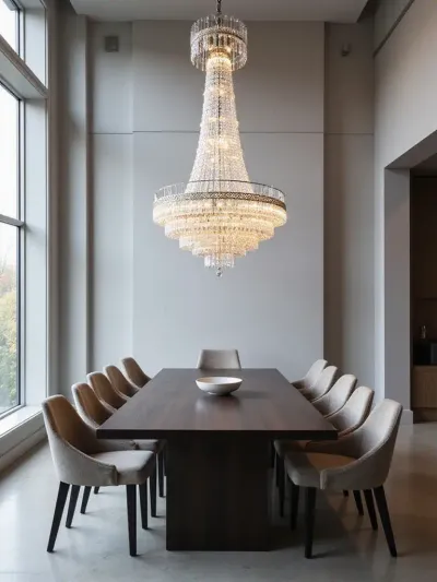 Elegant dining room with a crystal chandelier as the focal point