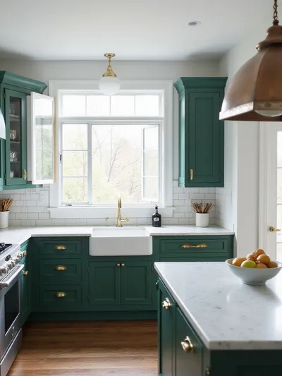 Forest green kitchen cabinets with marble countertops and brass hardware in a modern farmhouse kitchen