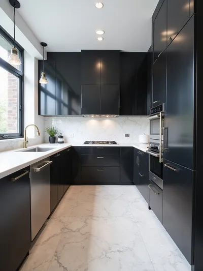 Modern kitchen with glossy black cabinets and white marble countertops.