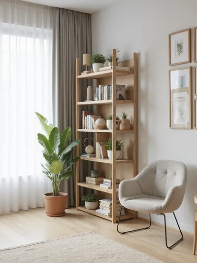 Apartment living room with vertical storage and decor, including a tall bookcase, gallery wall, and floor-to-ceiling curtains.