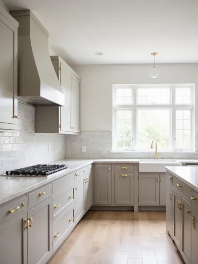 Greige kitchen cabinets with marble countertops and brass hardware