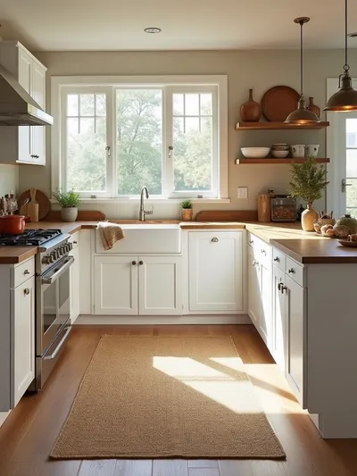 Rustic kitchen design featuring a natural jute rug under a butcher block island, adding warmth and texture to the space.