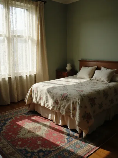 Vintage bedroom with Persian rug and floral bedding.