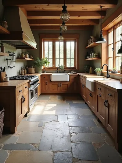 Rustic kitchen with natural stone flooring, reclaimed wood cabinets, and farmhouse sink.