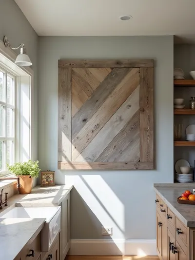 Rustic kitchen with reclaimed barnwood geometric wall art.