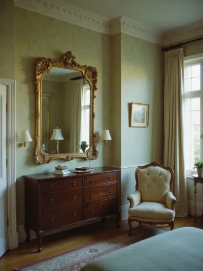 Vintage bedroom featuring an ornate gold-framed mirror above a dresser, reflecting the room's decor.