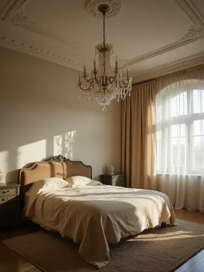 Vintage bedroom illuminated by an Art Deco chandelier.