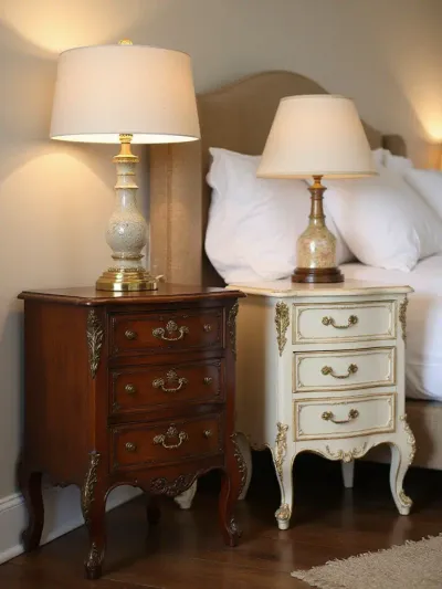 Antique nightstands with ornate details add vintage charm to a bedroom
