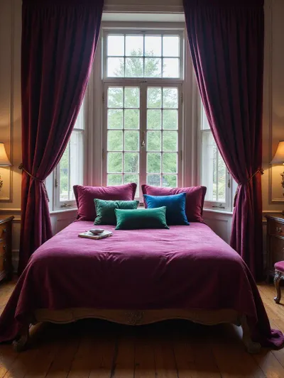 Vintage bedroom with luxurious velvet throw pillows and drapes in jewel tones.