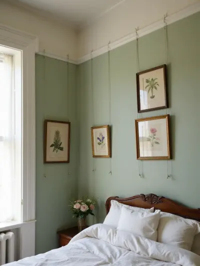 Vintage bedroom with picture rail molding and botanical prints.