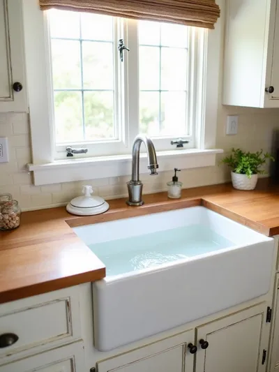 Classic white farmhouse apron sink in a rustic kitchen