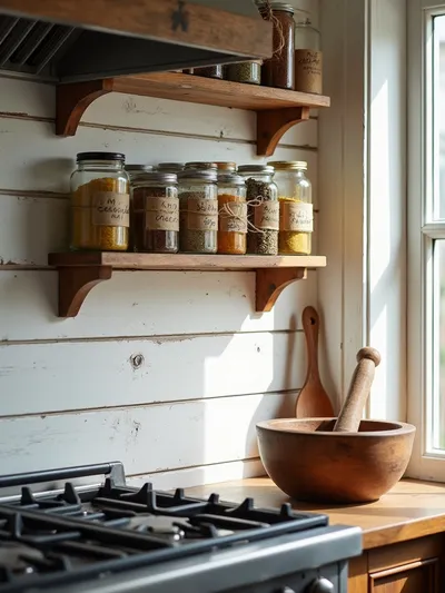 Rustic wooden spice rack filled with colorful spices in a cozy kitchen