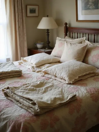 Vintage bedroom featuring layered vintage quilts and lace-trimmed bedding