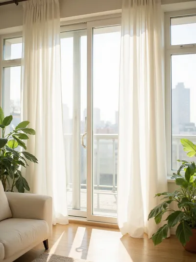 Bright apartment living room with white sheer curtains letting in natural light.