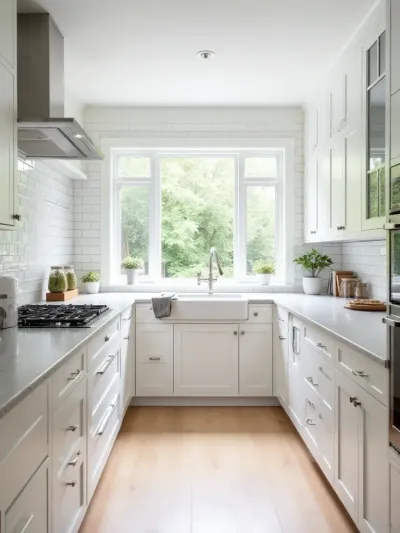 White kitchen cabinets with light gray quartz countertops and white subway tile backsplash.