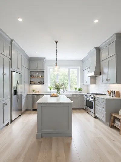 Light gray kitchen cabinets in a modern kitchen with stainless steel appliances and white subway tile.