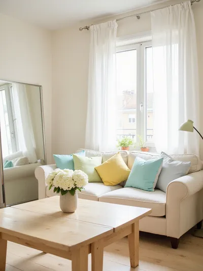Bright and airy apartment living room with light color palette and large mirror to maximize space.