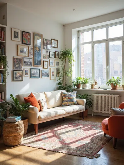 Apartment living room with gallery wall and personalized decor.