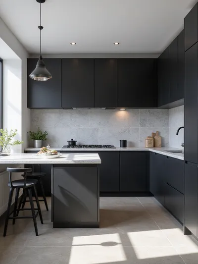 Modern kitchen with matte black cabinets, light gray quartz countertops, and subway tile backsplash.