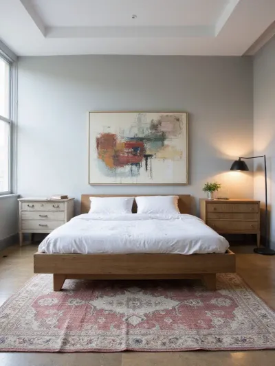 Eclectic bedroom with a modern bed, vintage nightstands, and a Persian rug.