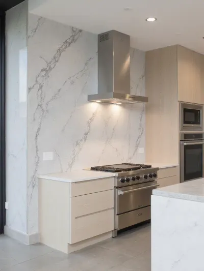 Modern kitchen with stunning grey quartzite slab backsplash
