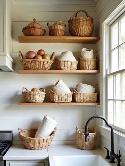 Rustic kitchen with woven baskets organizing pantry items and utensils on open shelving.