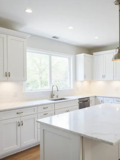 Modern kitchen with white cabinets and polished white quartz countertops