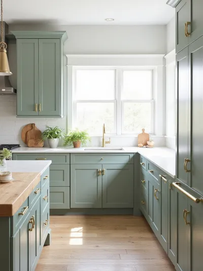 Sage green kitchen cabinets with white quartz countertops and brushed brass hardware.