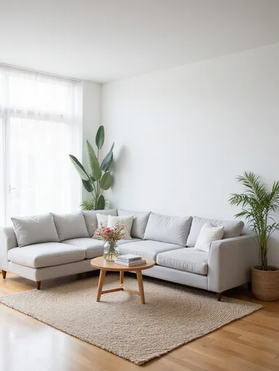 Light gray L-shaped sectional sofa in a bright, modern apartment living room