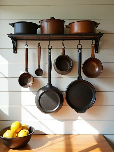 Rustic kitchen decor featuring a cast iron cookware display on a wrought iron rack.