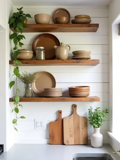 Rustic kitchen with open shelving displaying earthenware dishes, mason jars, and vintage finds.