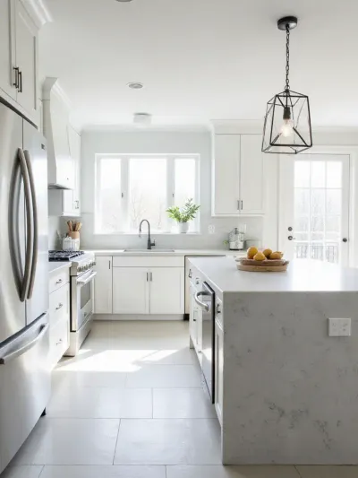 Modern kitchen with white shaker cabinets and sleek gray quartz countertops.
