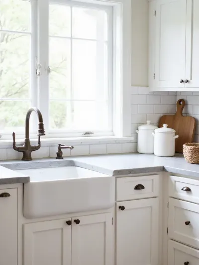 Rustic kitchen featuring white cabinets and honed soapstone countertops.