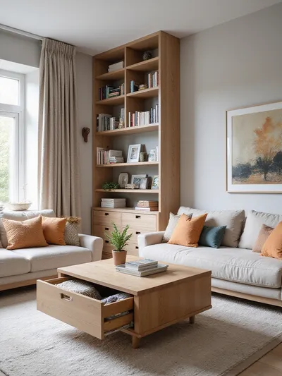 Apartment living room with creative storage solutions: lift-top coffee table, tall bookshelf, and window seat with drawers.