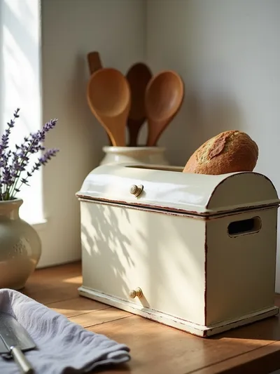 Antique bread box storing sourdough bread on a rustic kitchen countertop