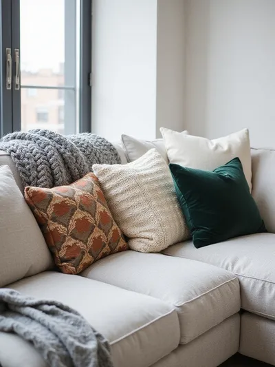Modern apartment living room sofa with textured cushions and throw blanket.