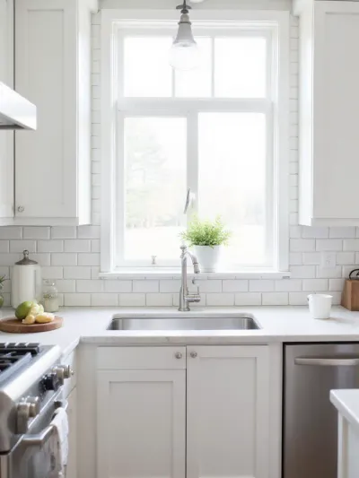 White subway tile backsplash in a bright kitchen with shaker cabinets.