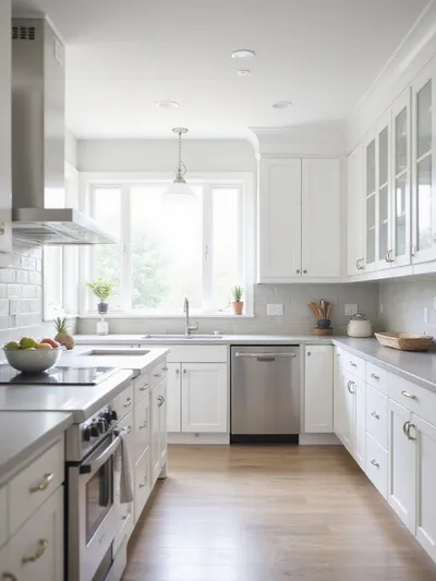 Bright and airy white kitchen with shaker cabinets and light gray countertops