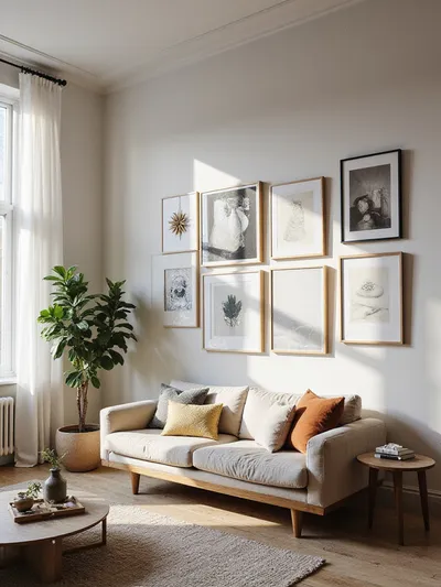 Apartment living room with gallery wall featuring abstract art and photography above a sofa.