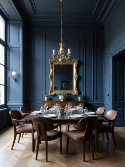 Elegant dining room with dark blue walls and a large gold-framed mirror