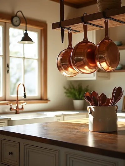 Rustic kitchen with copper accents, including a copper pot rack and copper faucet.